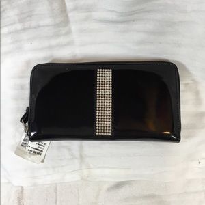 Saks patten leather look wallet with crystal band,